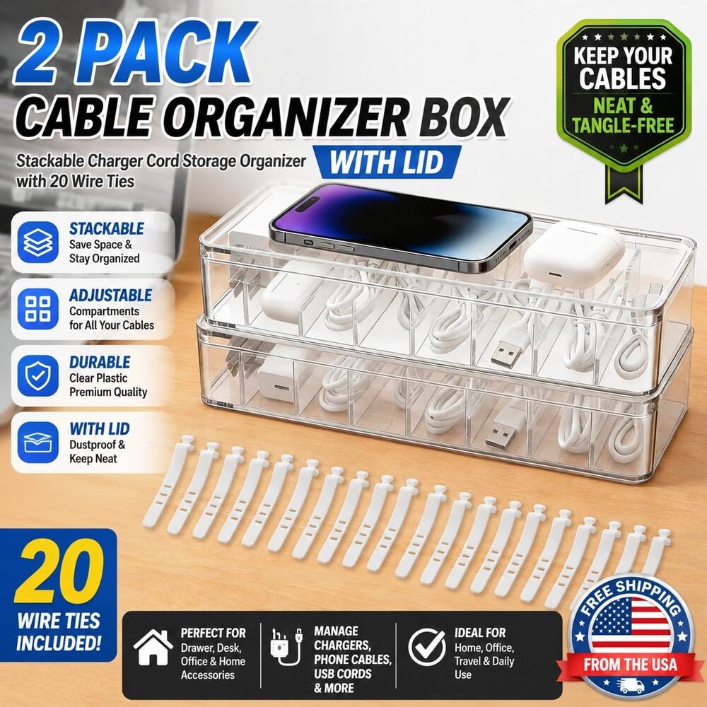 2 Pack Cable Organizer Box w/ Lid Stackable Cord Storage Case 20 Wire Ties Clear